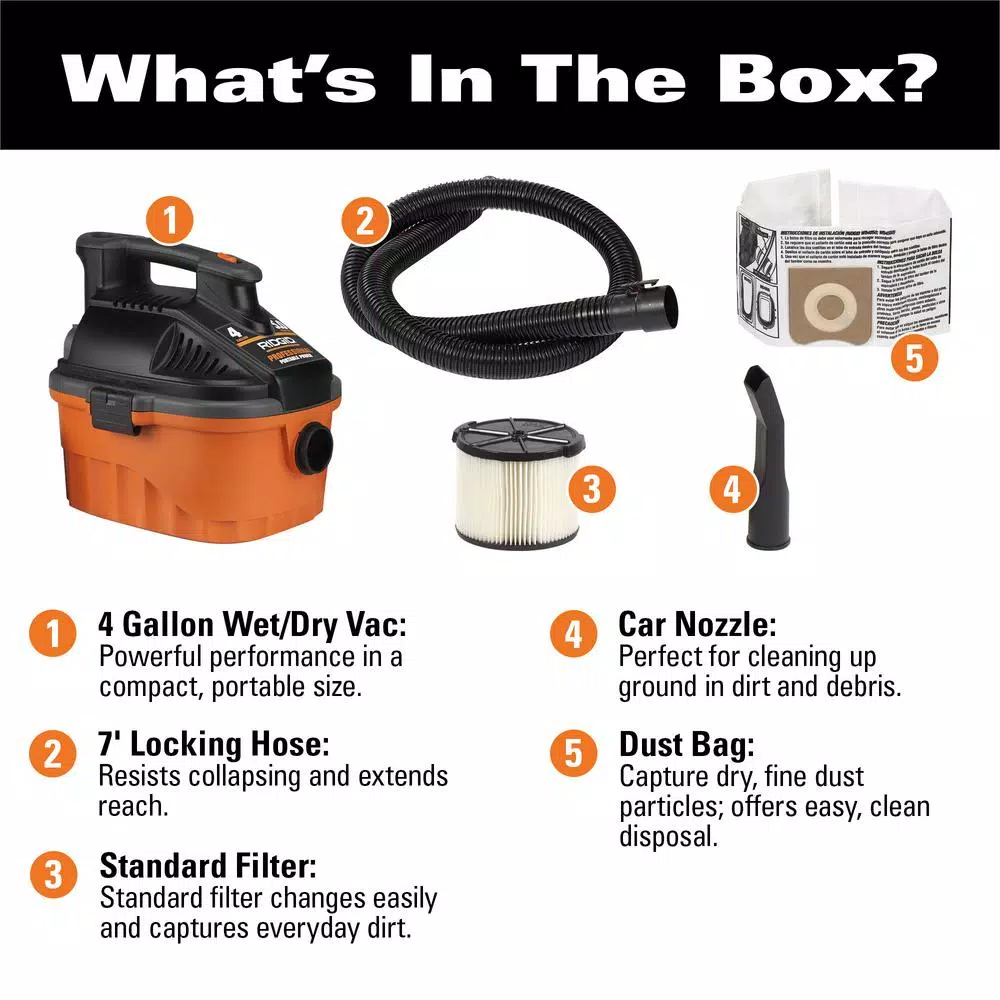 RIDGID 4 Gallon 5.0 Peak HP Portable Wet/Dry Shop Vacuum with Locking Hose and Car Nozzle