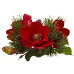 Nearly Natural 7 in. Red Magnolia and Pine Candelabrum with Glass Candleholder thumbnail 1