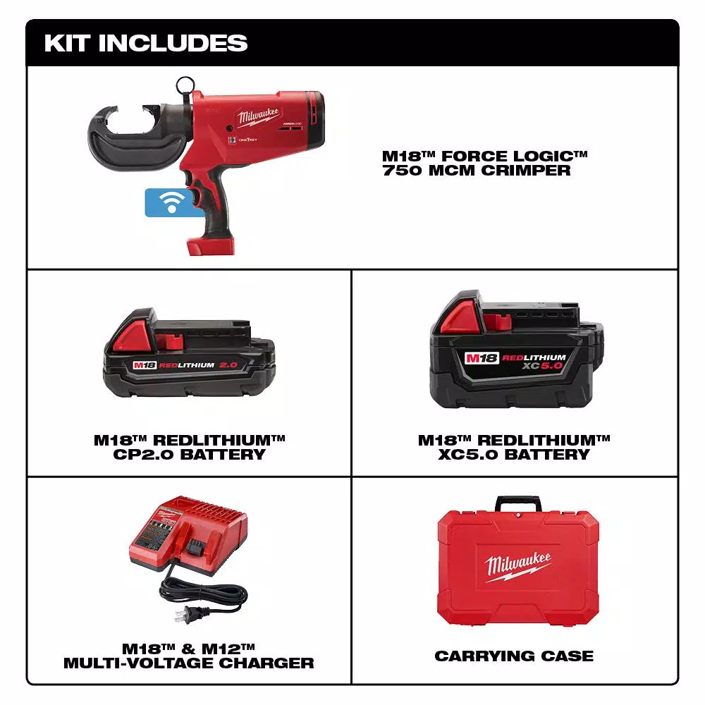 Milwaukee M18 FORCE LOGIC 750 MCM Cordless Hydraulic Crimper Kit with (2) Batteries and Charger
