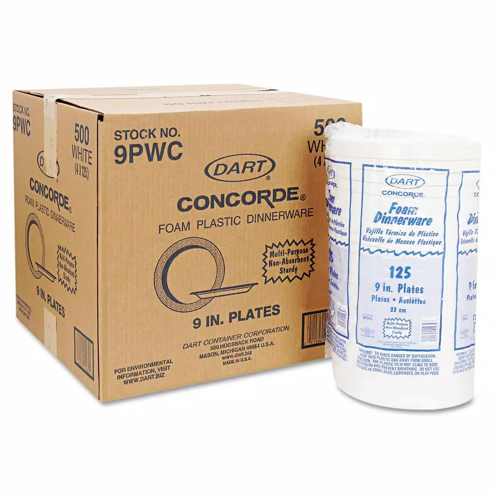 DART Concorde 9 in. White Foam Plates, Non-Laminated, 500 Count Case