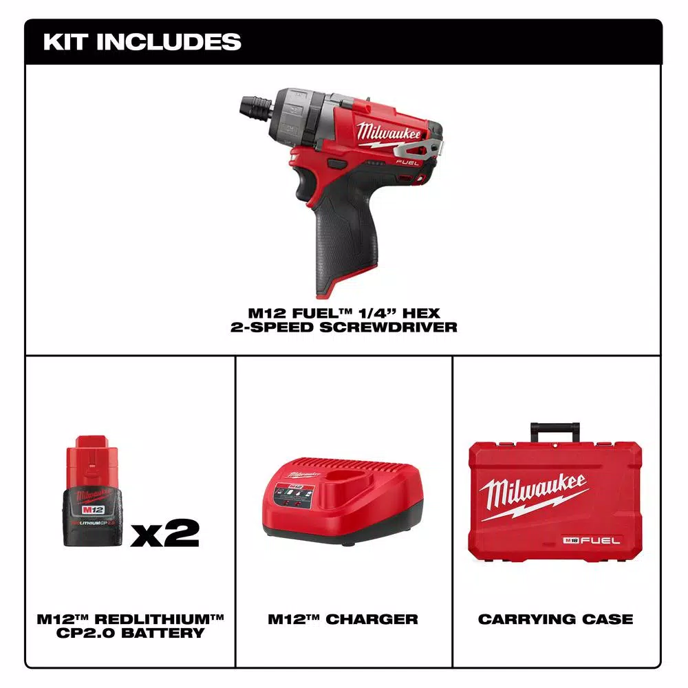 Milwaukee M12 FUEL 12V Brushless 1/4 in. Hex 2-Speed Screwdriver Kit with (2) 2.0 Ah Batteries & Case