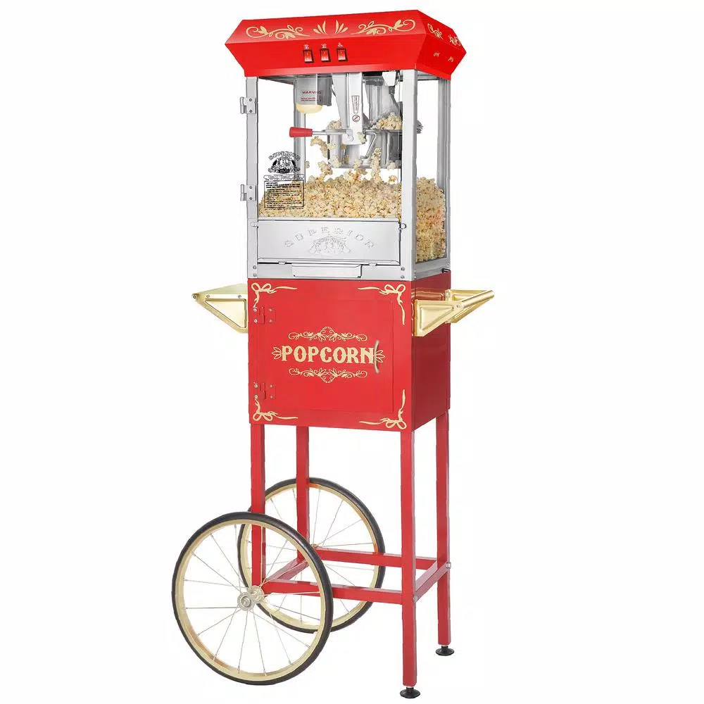 Unbranded Red Carnival Popcorn Popper Machine with Cart, 850W, 8 oz. Stainless Steel Kettle