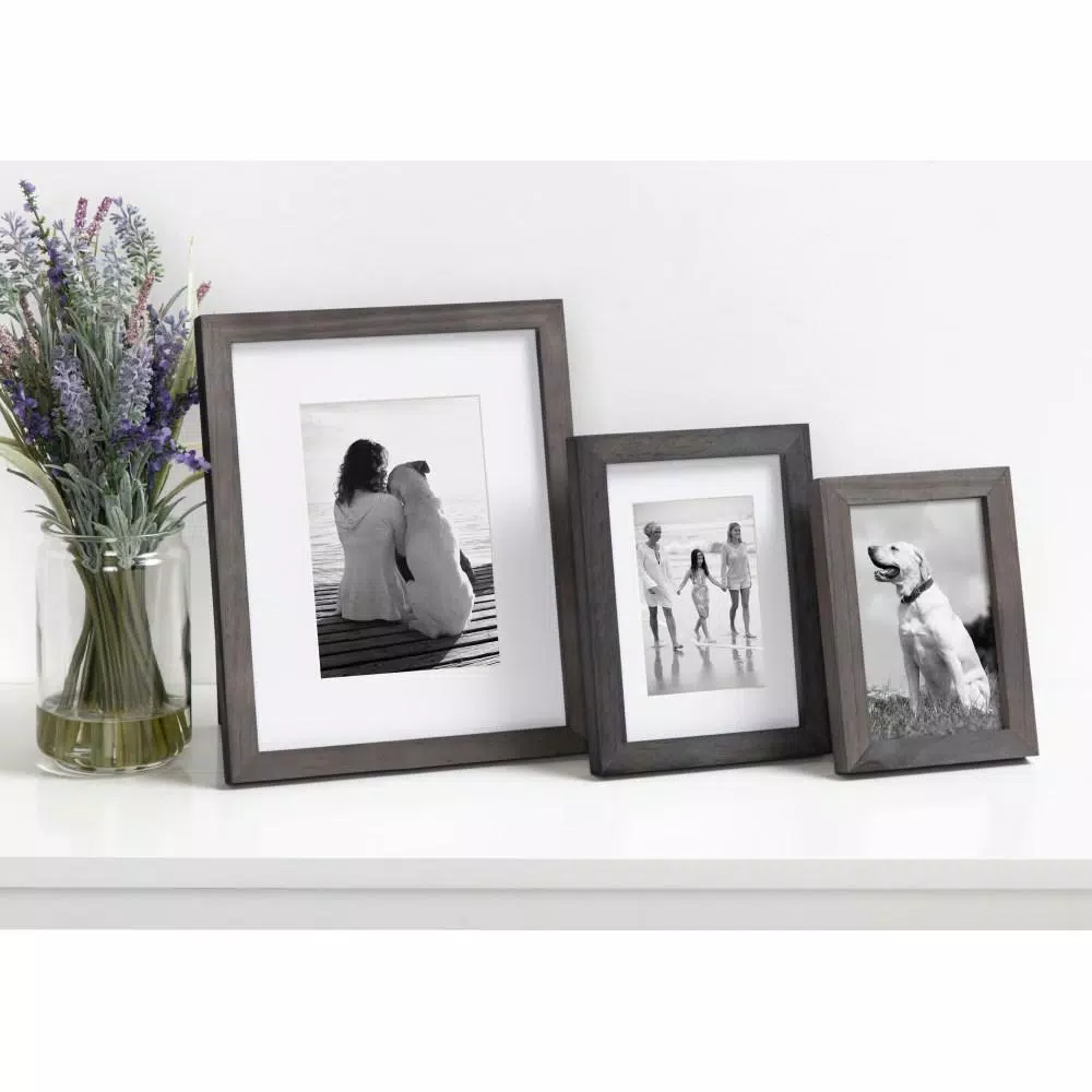 DesignOvation Gallery Wood Picture Frame Set, Gray, 8x10 in. (Matted to 5x7 in.), Set of 4