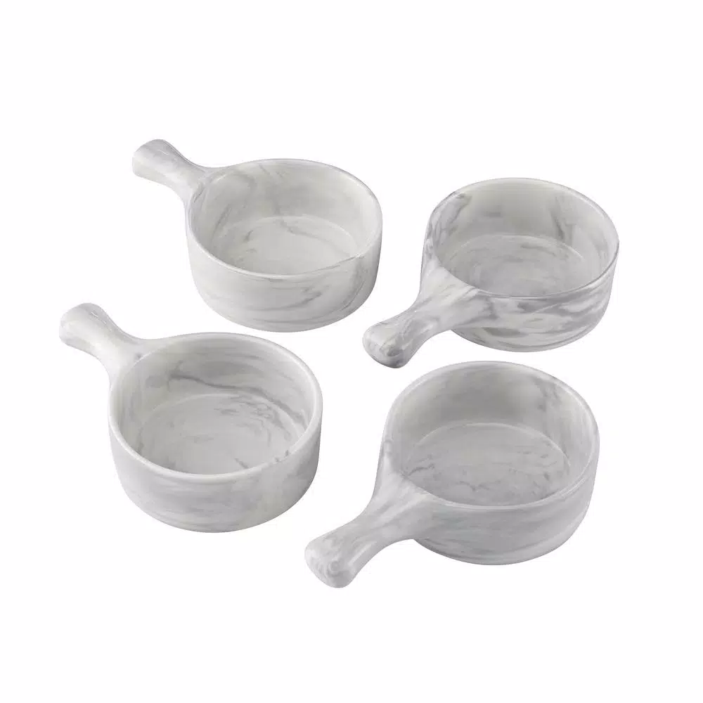 Over and Back 6 oz. Marble Grey Porcelain Handled Serving Bowls, Set of 4