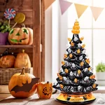Costway 15 in. Black Ceramic Hand-Painted Halloween Tree with LED Lights and Pumpkin Top thumbnail 2