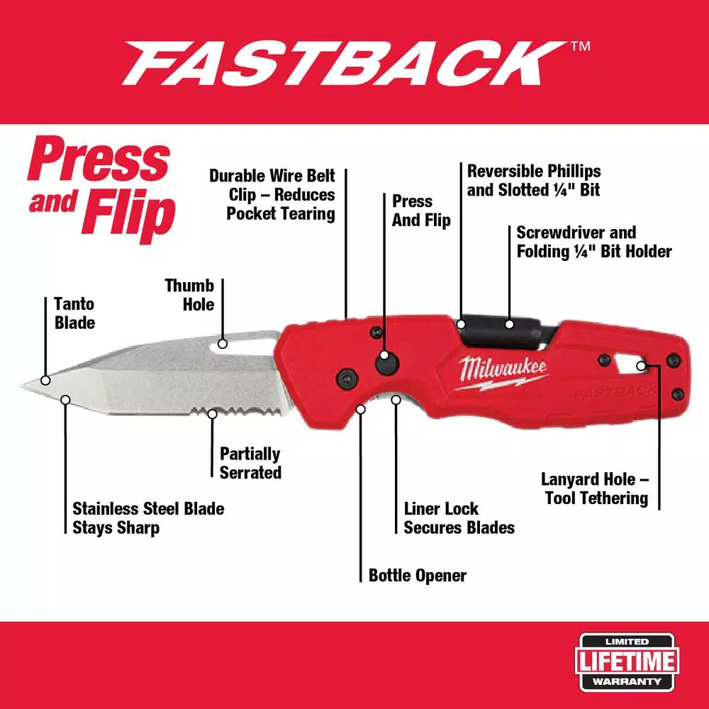 Milwaukee FASTBACK 5-in-1 Folding Utility Knife with 3 in. Tanto Blade