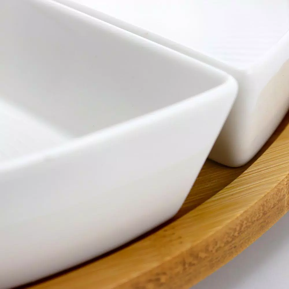 Elama Signature Collection Stoneware Appetizer and Condiment Server Set with Bamboo Lazy Susan Tray