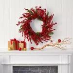 Nearly Natural 28 in. Cypress Artificial Wreath with Red Berries and Pine Cones thumbnail 3