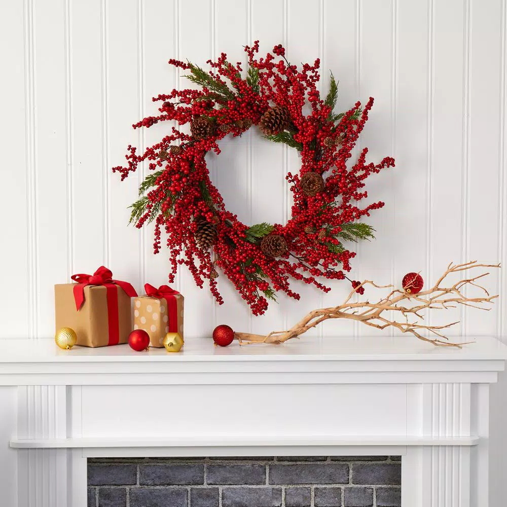 Nearly Natural 28 in. Cypress Artificial Wreath with Red Berries and Pine Cones