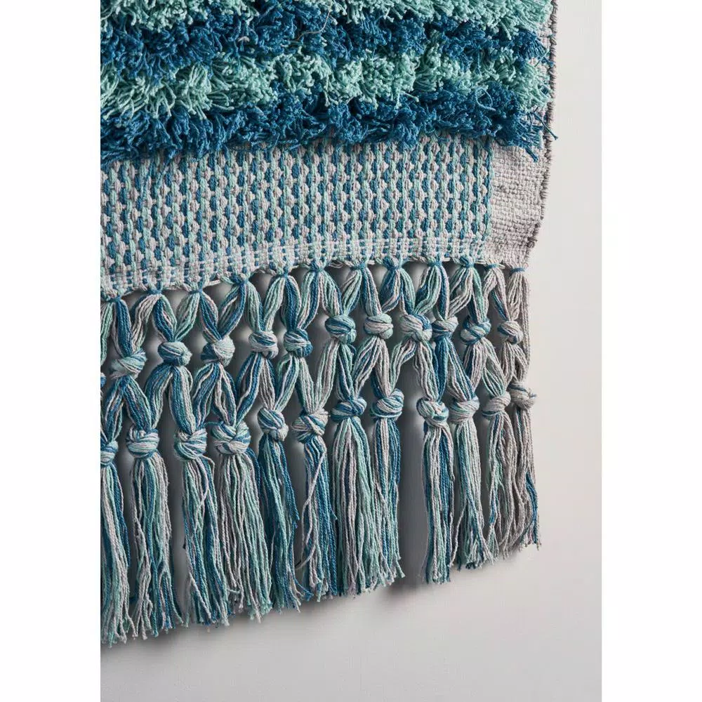 LR Home Coast Gray & Teal Fringed Tufted Cotton Wall Tapestry - Bohemian Coastal Wall Hanging