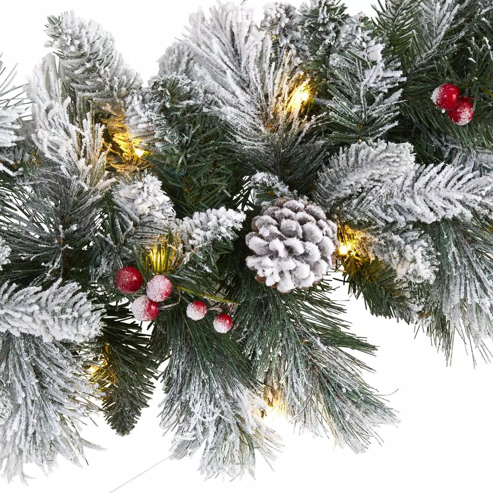 Nearly Natural 6 ft. Pre-lit Flocked Mixed Pine Artificial Christmas Garland with 50 LED Lights