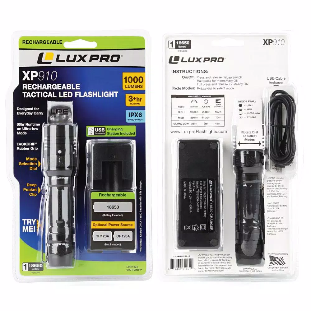 LUXPRO Pro Series 1000 Lumens LED Tactical Rechargeable Flashlight with TackGrip