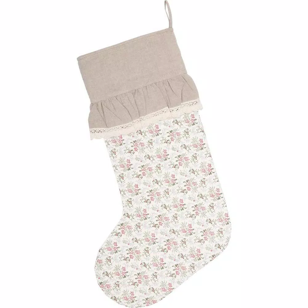 VHC Brands 20 in. Carol Creme White Floral Cotton Christmas Stocking with Lace and Wood Buttons