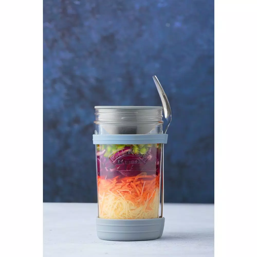 Kilner All In 1 Food To Go Set - 17 oz Wide Mouth Glass Jar with Silicone Garnish Pot & Spork