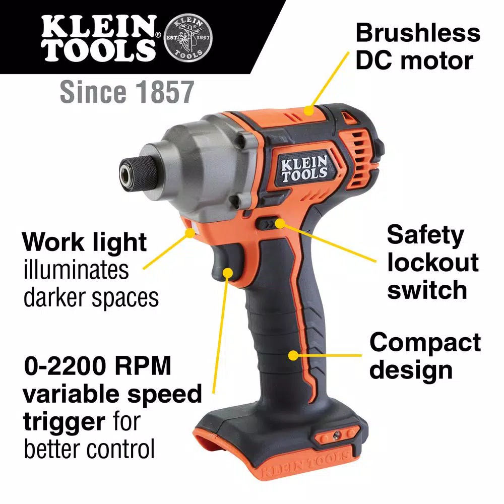 Klein Tools Compact Impact Driver, 20V Cordless, 1/4 in. Hex Drive, Tool Only