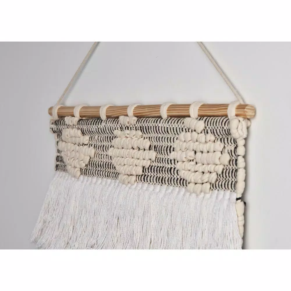 LR Home Bohemian Neutral Ivory Tasseled Wall Tapestry - Hand Woven Cotton Wall Hanging