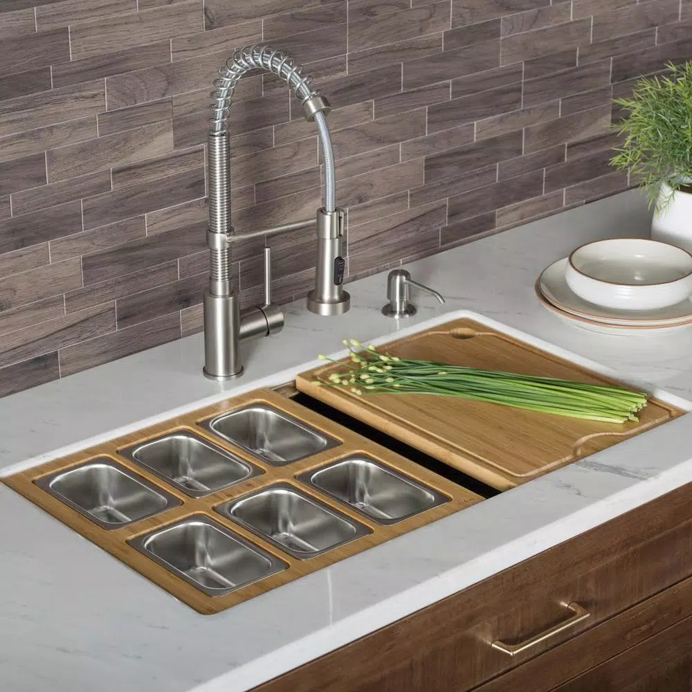 Kraus Workstation Kitchen Sink Accessory Set with Bamboo Serving Board and 6 Stainless Steel Prep Bowls