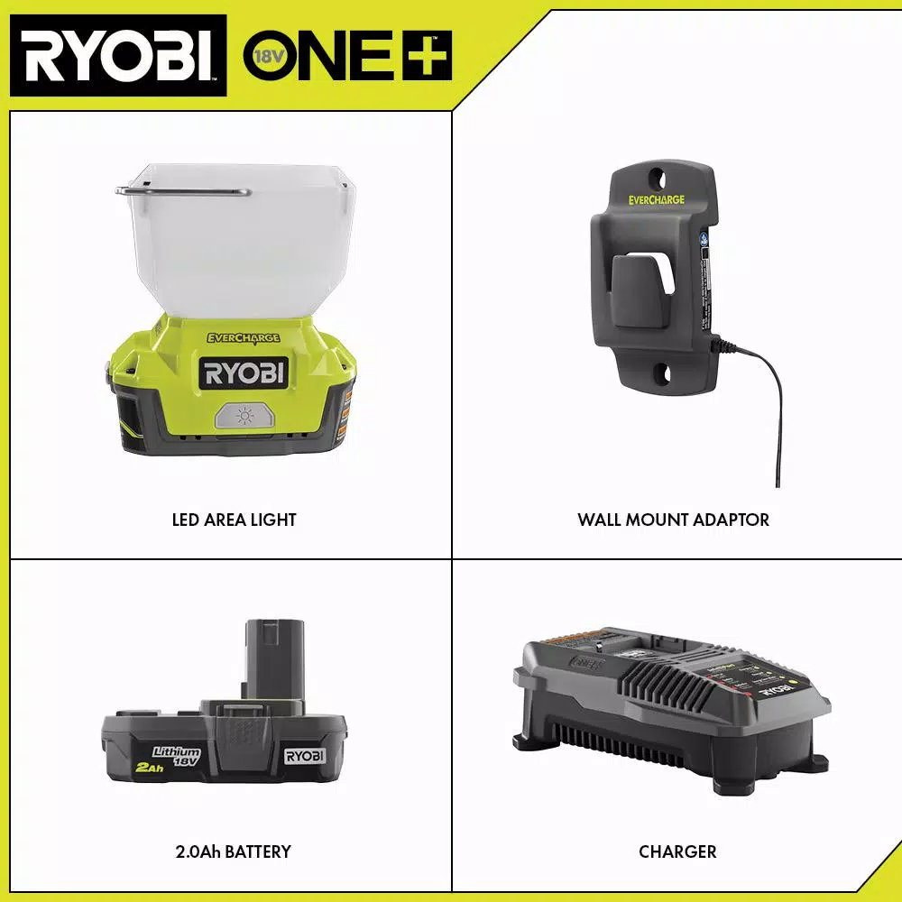 RYOBI 18V ONE+ Cordless LED Area Light Kit with EVERCHARGE Wall Mount Adaptor, 2.0 Ah Battery & Charger