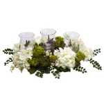 Nearly Natural 9.5 in. White Snowball Hydrangea Triple Candelabrum Decorative Floral Arrangement thumbnail 2