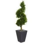 Nearly Natural 5 ft. Artificial Boxwood Spiral Topiary Tree in Slate Planter with River Rocks thumbnail 1