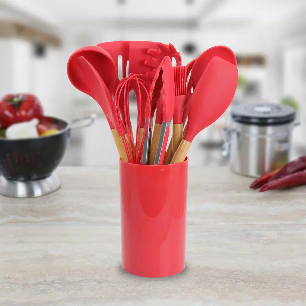 MegaChef 12-Piece Red Silicone and Wood Kitchen Utensil Set