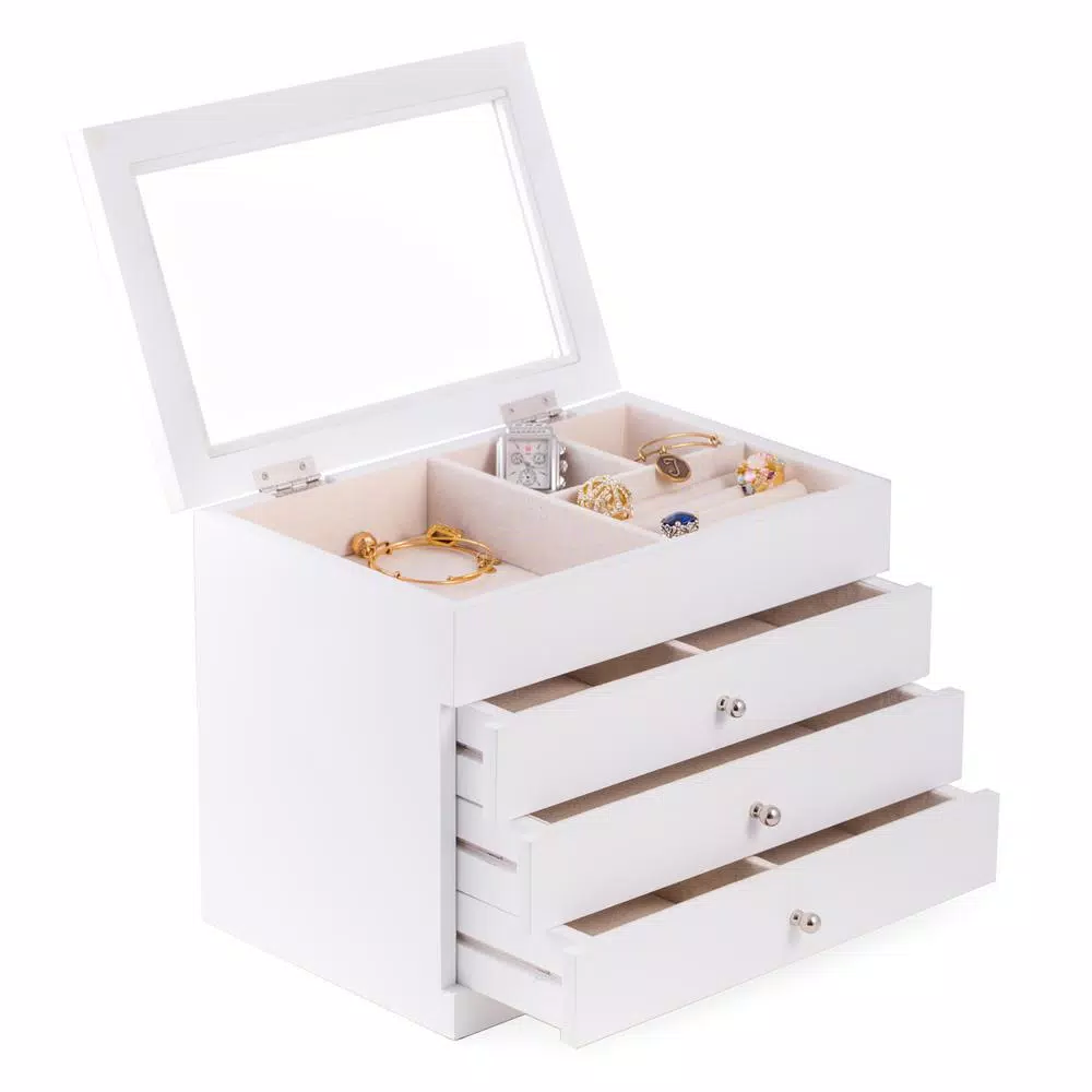 BEY-BERK White Wood Jewelry Case with Glass Top and 3 Drawers