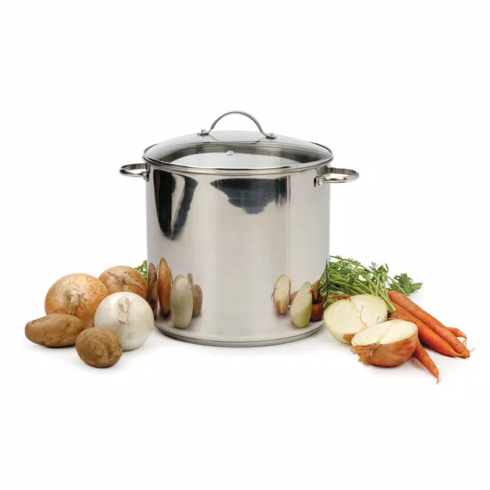 RSVP International Endurance 16 Qt. Stainless Steel Stock Pot with Tempered Glass Lid, Induction Safe