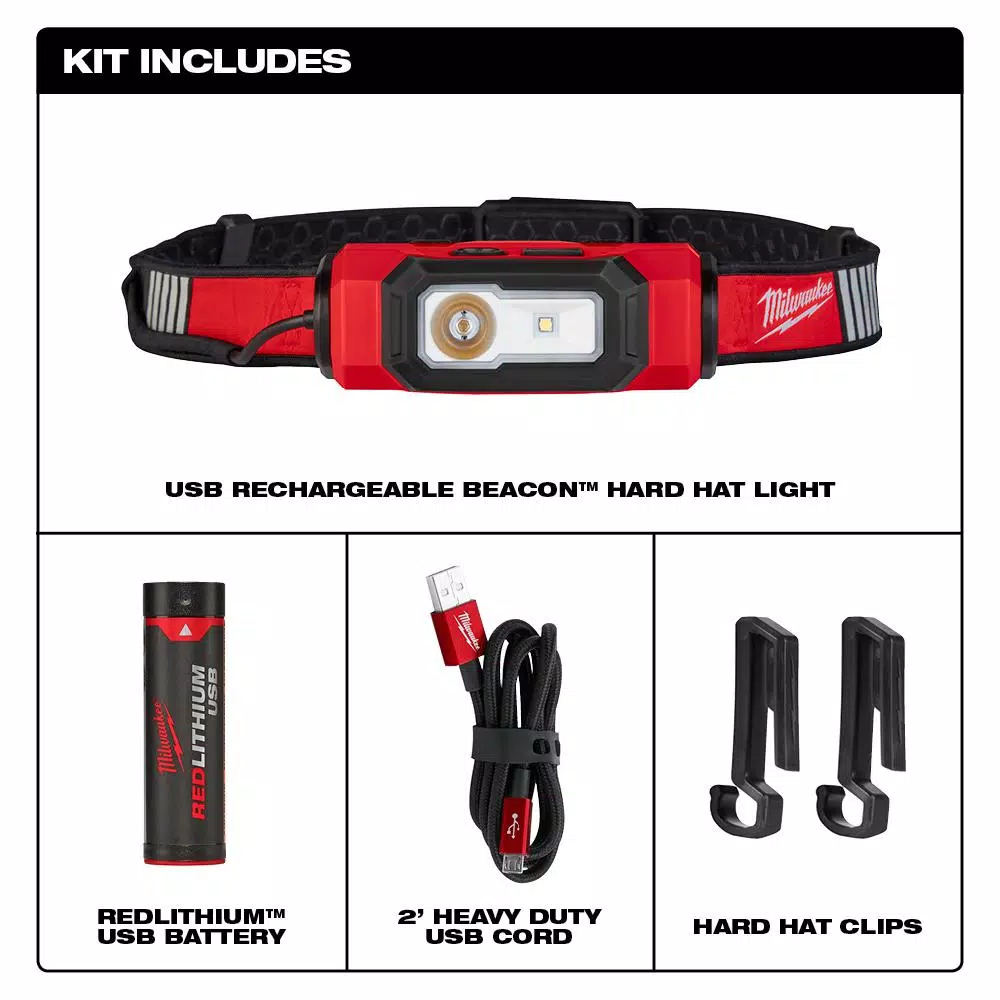 Milwaukee 600 Lumen USB Rechargeable BEACON Hard Hat Headlamp with Type 1 Class C Full Brim Vented Hard Hat