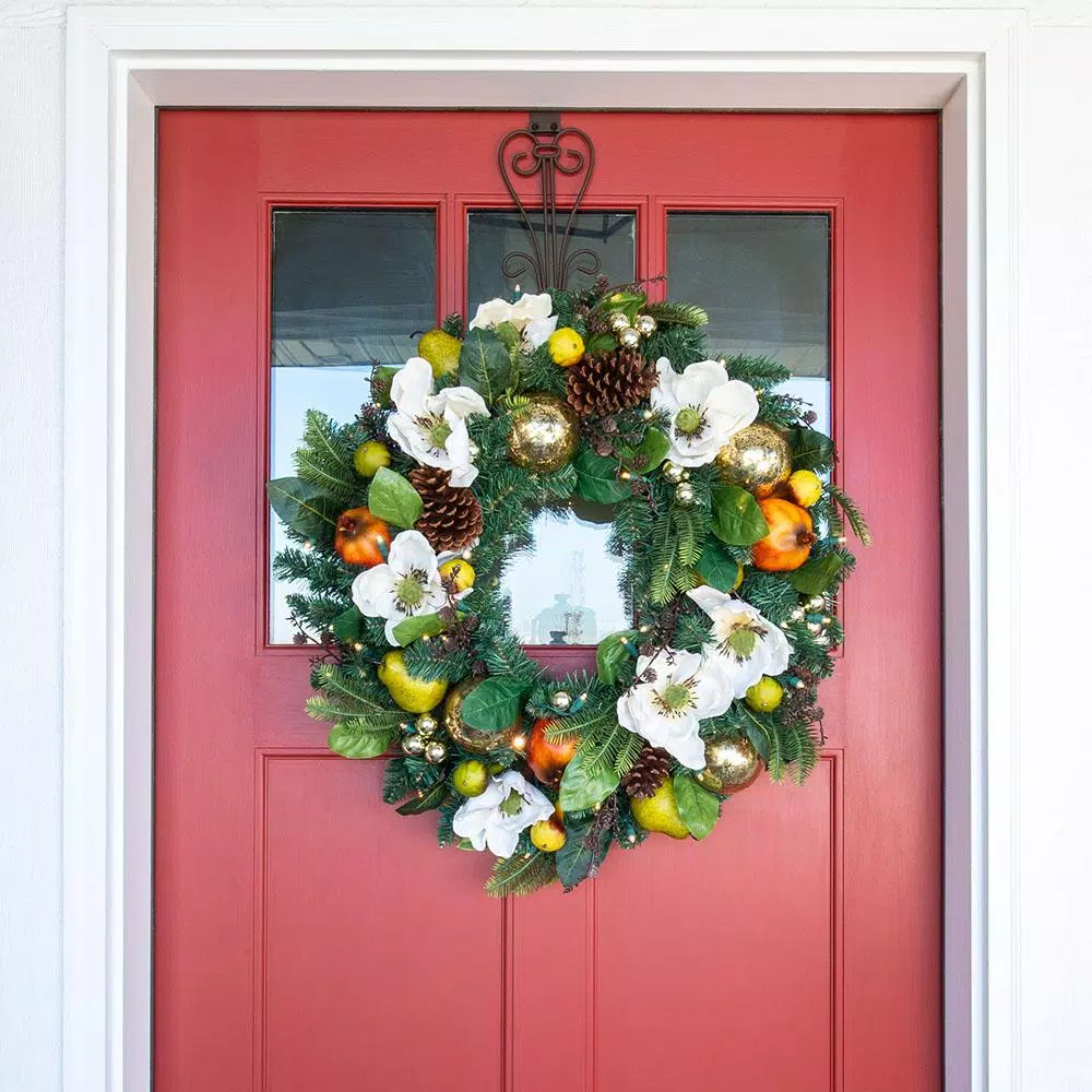 Village Lighting Company 30 in. Pre-Lit LED Magnolia Orchard Christmas Wreath with Warm White Lights