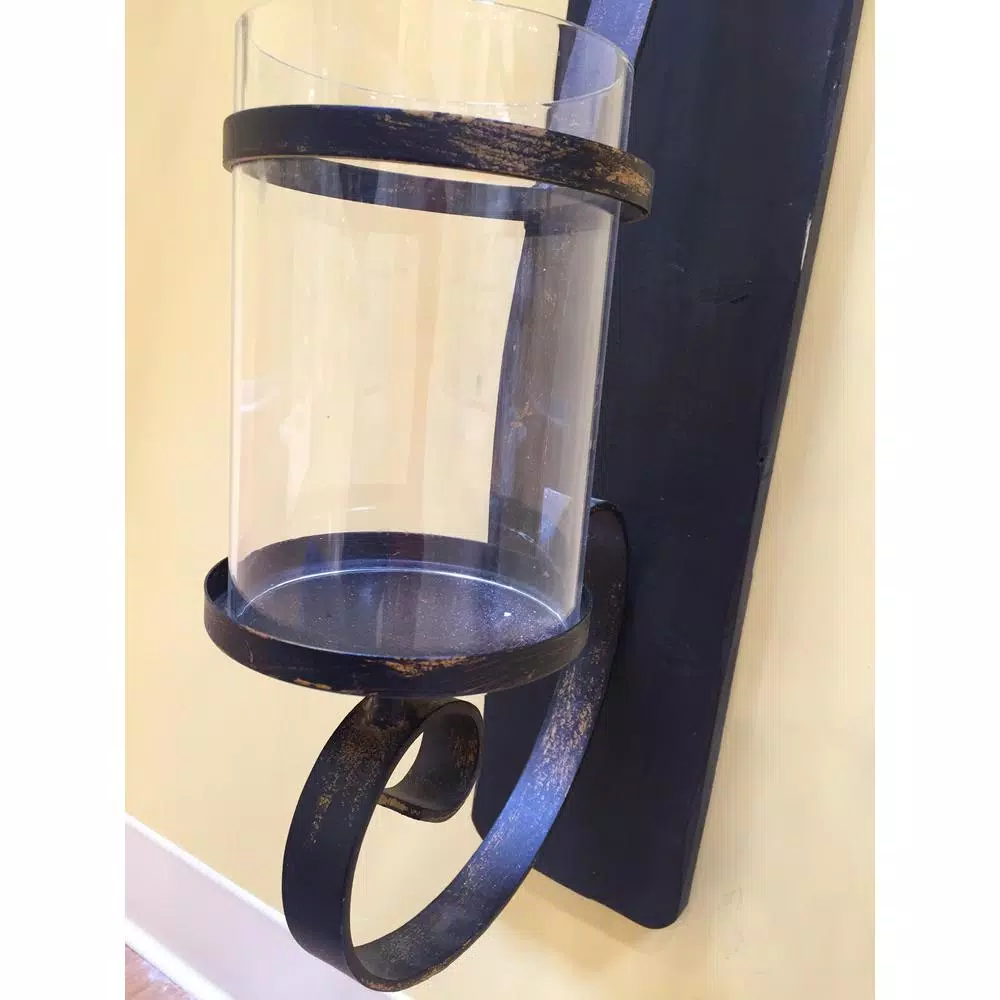 LITTON LANE 36 in. Scrolled Wrought Iron Wall Sconce Candle Holder with Glass Hurricane, Deep Bronze