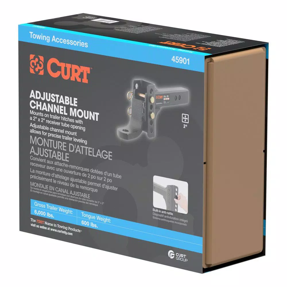 CURT Adjustable Channel Hitch Ball Mount, 2" Shank, 1" Ball Hole, 6,000 lbs Capacity