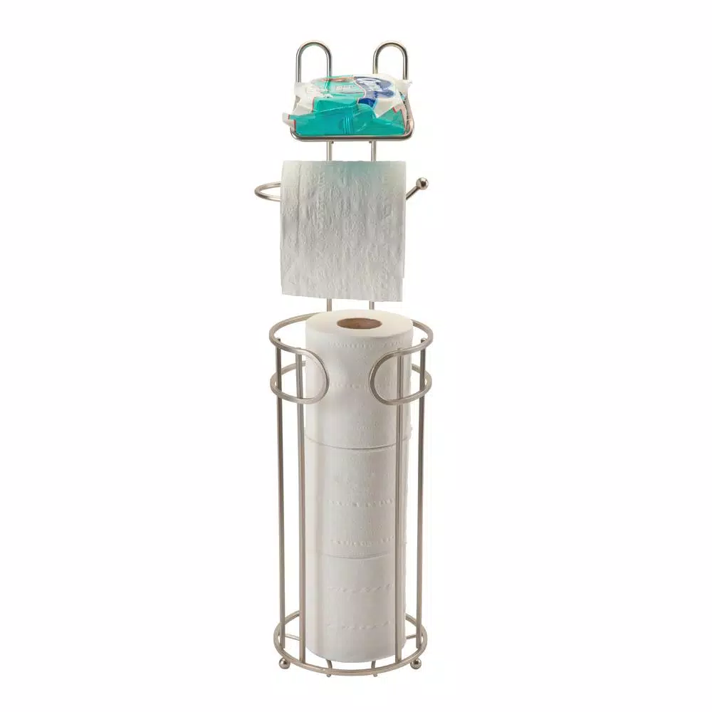 Bath Bliss Contemporary Freestanding Toilet Paper Holder with Built-in Phone Shelf and 4-Roll Storage, Satin