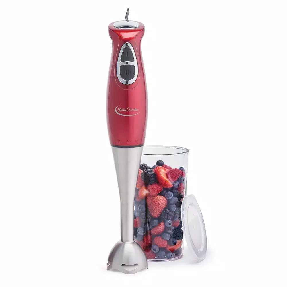Betty Crocker 2-Speed Immersion Blender with Mixing Beaker and Lid, Red