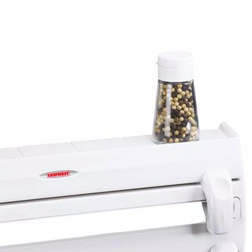 HOUSEHOLD ESSENTIALS Leifheit Wall Mount Paper Towel Holder with Spice Rack and Foil/Plastic Wrap Dispensers, White