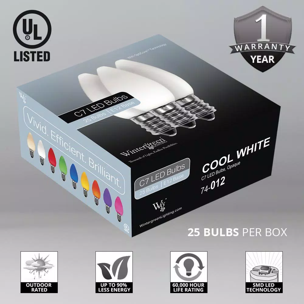 Wintergreen Lighting OptiCore C7 LED Cool White Smooth Opaque Christmas Light Bulbs, 25-Pack