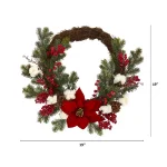 Nearly Natural 19in. Poinsettia with Berries and Cotton Artificial Wreath thumbnail 2