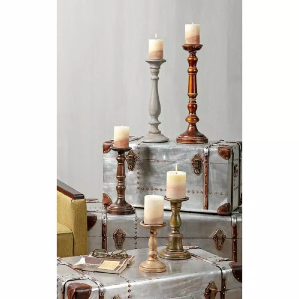 IMAX Rozzi Wooden Candle Holders Set of 5 - Rustic Multi-Colored Candlesticks