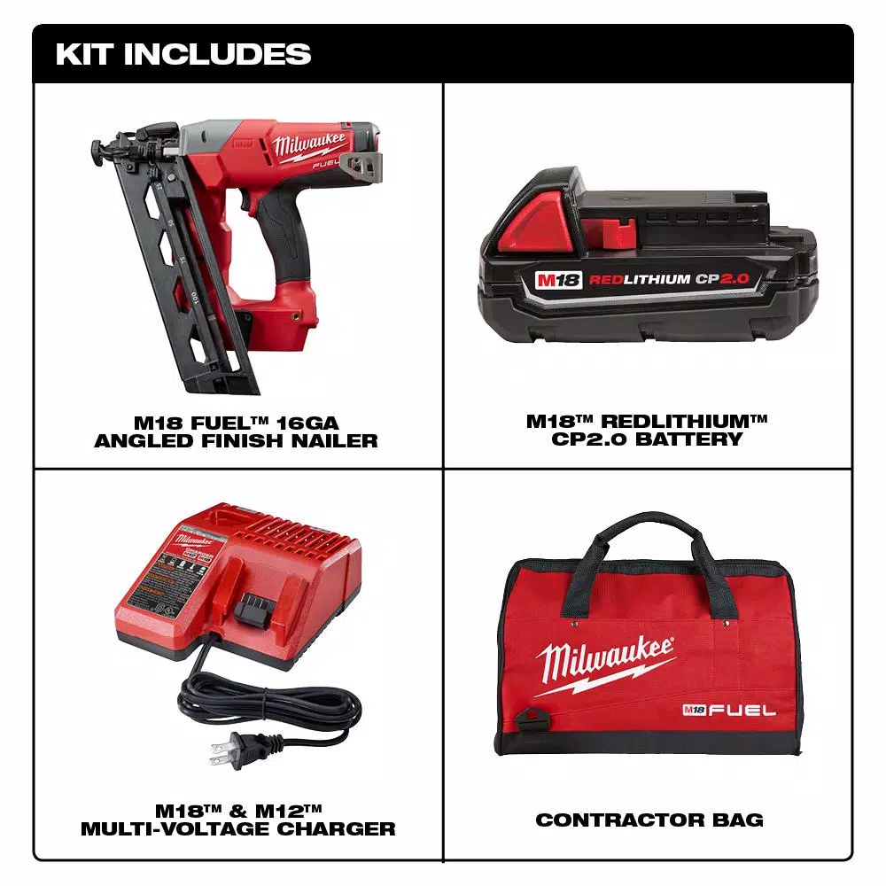 Milwaukee M18 FUEL 16-Gauge Angled Finish Nailer Kit with 2.0 Ah Battery, Charger & Bag
