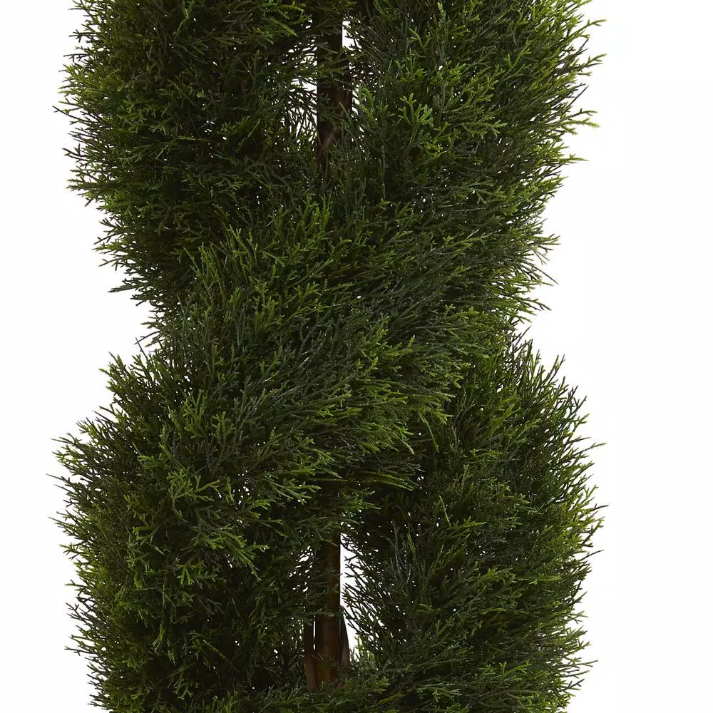 Nearly Natural 5 Ft. Double Pond Cypress Artificial Spiral Topiary Tree in Sand-Colored Urn, UV Resistant