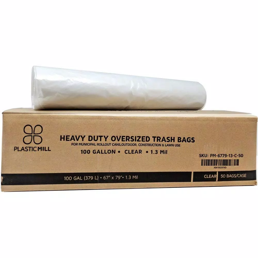 PlasticMill 100 Gallon Clear Trash Bags, 1.3 mil, 67 in. x 79 in. (50-Count)