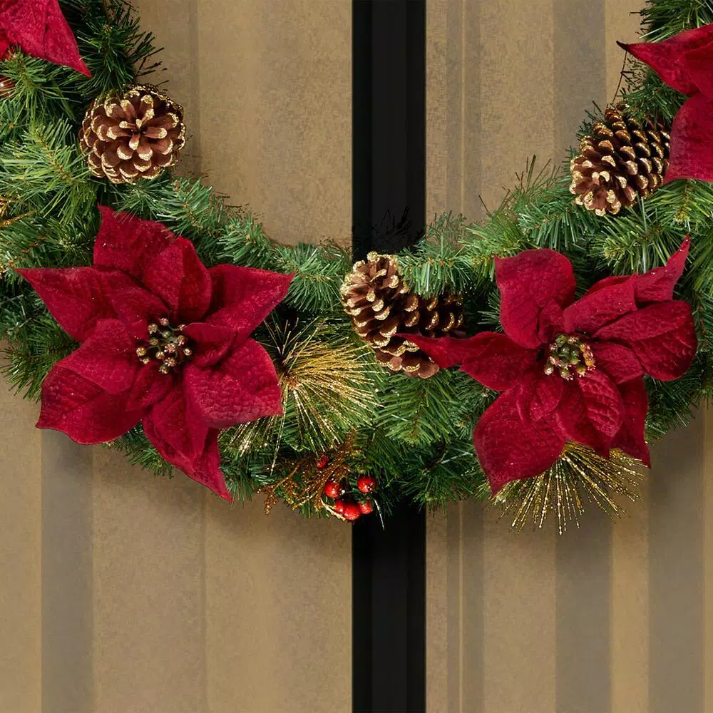 Home Accents Holiday 36 in. Burgundy Poinsettia and Mixed Pine Wreath with Berries, Gold Glitter Cedar and Pinecones