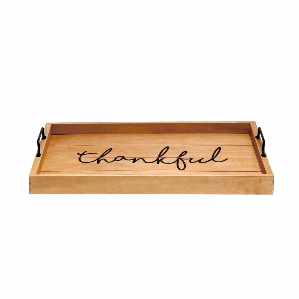 Elegant Designs Natural Wood Decorative Serving Tray with Black Metal Handles - Thankful Farmhouse Style