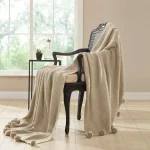 MODERN THREADS Sand Cotton Cable Knit Throw Blanket with Pom Poms thumbnail 1