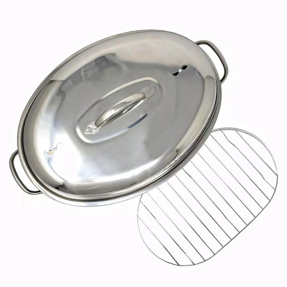 LavoHome Professional Stainless Steel Oval Roaster Set with Induction Lid and Wire Rack, 9.5 Qt