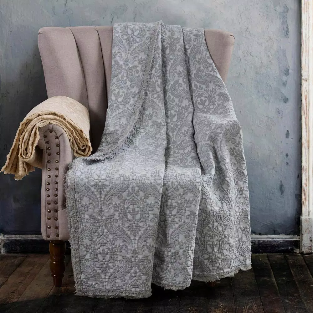 Donna Sharp Oatmeal Damask Cotton Oversized Throw Blanket with Fringed Edges