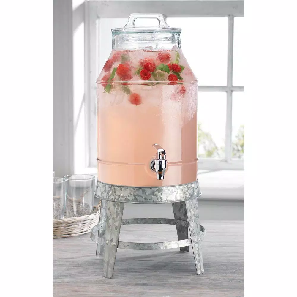 HOME ESSENTIALS AND BEYOND 3 Gallon Glass Beverage Dispenser with Galvanized Base and Lid