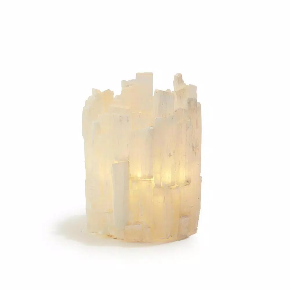 Two's Company Selenite Translucent White Stone Candle Holder with Glass Insert