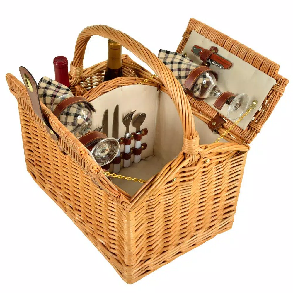 Unbranded Vineyard Willow Picnic Basket Set for 2 with London Plaid Lining and Premium Service