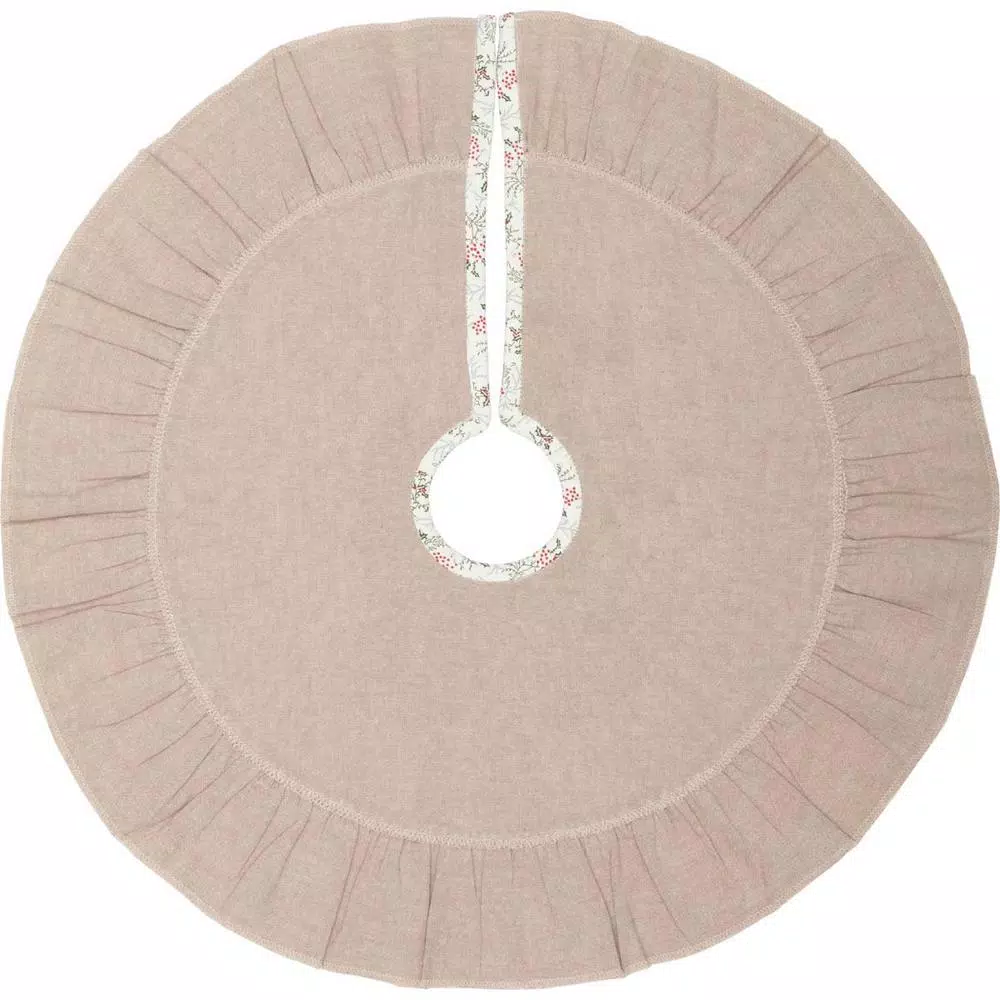 VHC Brands 21 in. Carol Khaki Tan & Winter Floral Ruffled Farmhouse Christmas Tree Skirt