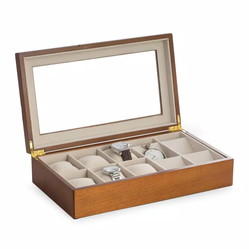 BEY-BERK Harvey Cherry Wood Watch and Sunglasses Storage Box with Glass Top